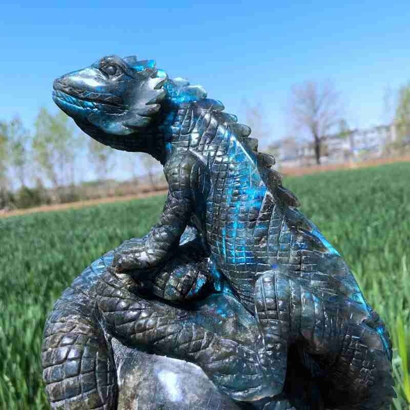 9.12LB Natural Labradorite Lizard hand Carved Skull Quartz Crystal Reiki Gift
