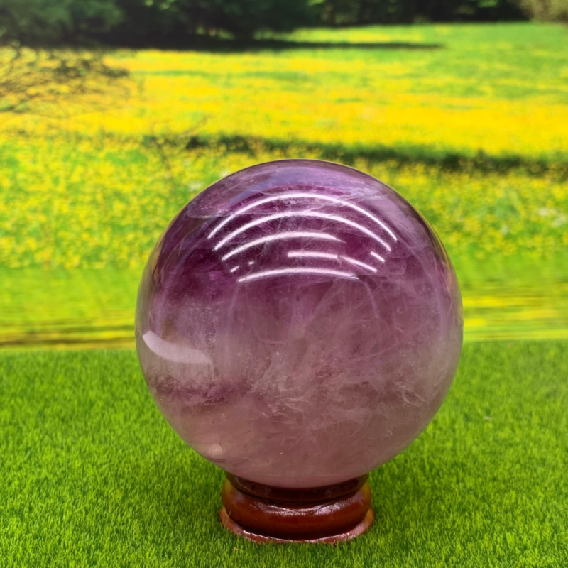 395G Natural Fluorite ball Colorful Quartz Crystal Gemstone Healing + Stand