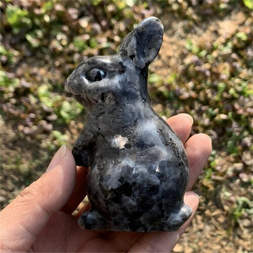 290g Natural Carved Spectrolite Rabbit Figurines Reiki Quartz Crystal Skull Deco