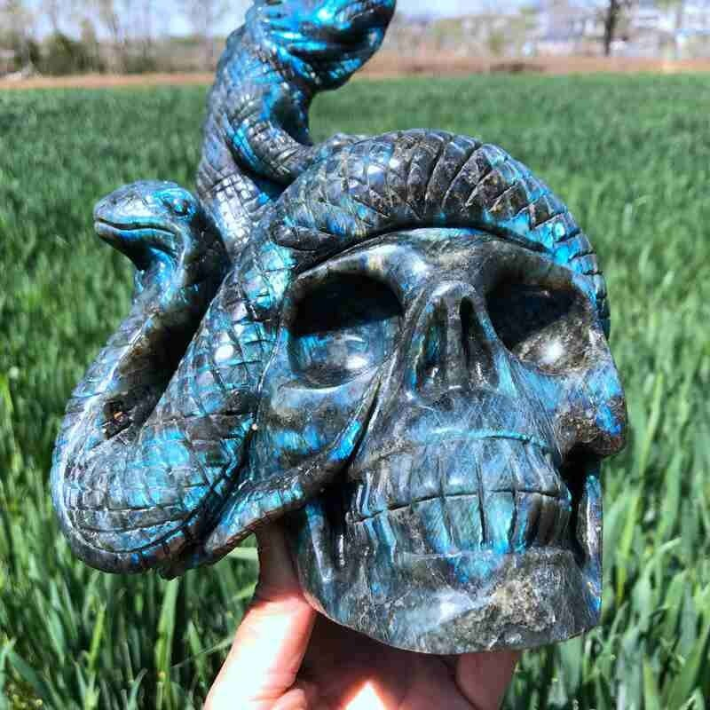 9.12LB Natural Labradorite Lizard hand Carved Skull Quartz Crystal Reiki Gift