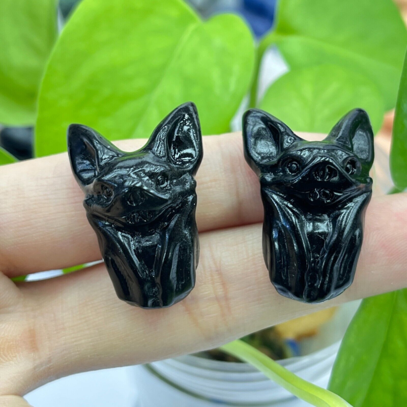 2pc Natural obsidian mini bat carved quartz crystal animal skull reiki gift