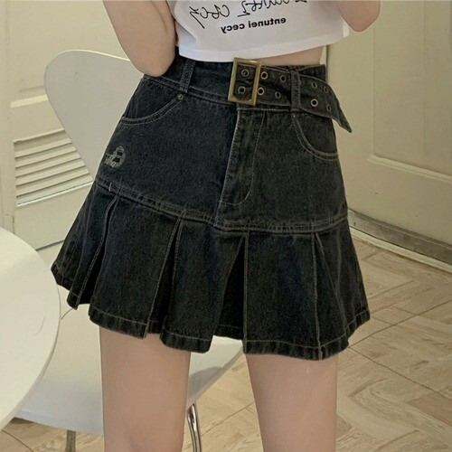 Kawaii Girl Hot sweet DenimSkirt Pleated Casual High Waist  A Word Short Skirt