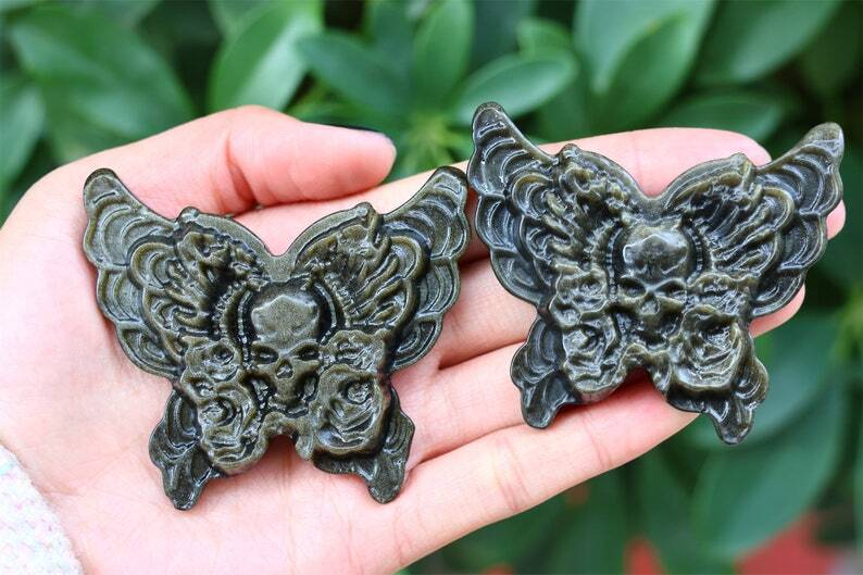 2.6" Natural Carved Gold Obsidian Butterfly Reiki Crystal Skull Decor gift 1PC