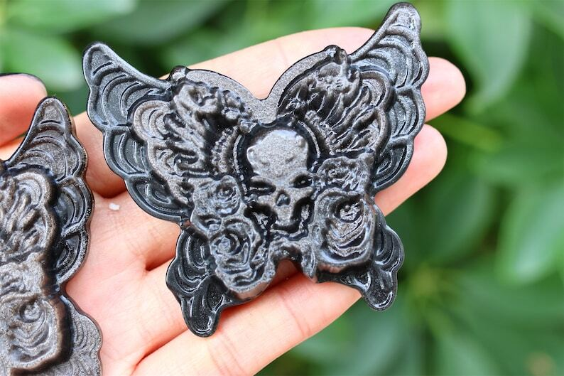 2.6" Natural Carved Silver Obsidian Butterfly Reiki Crystal Skull Decor gift 1PC