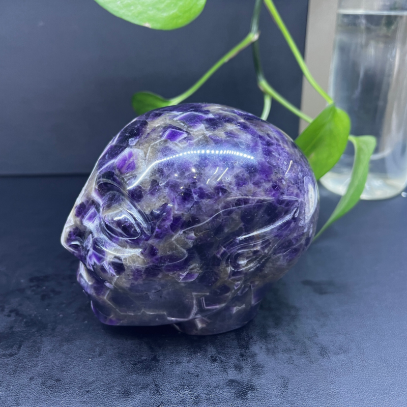 2.71LB Natural dream amethyst aliens Quartz Carved Crystal Skull Reiki Gem Decor
