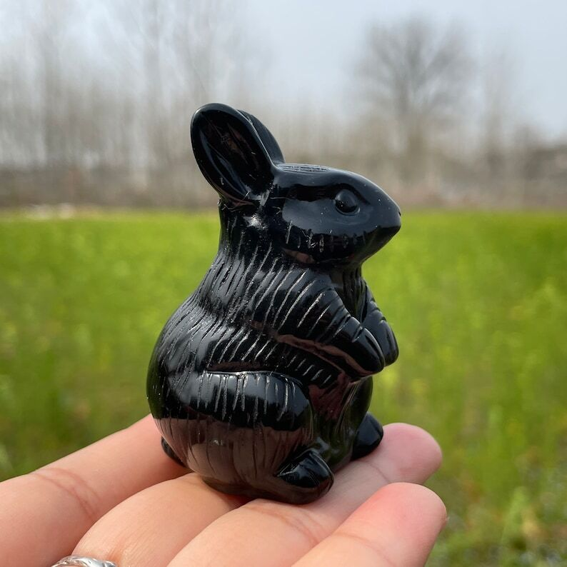 Natural Obsidian Rabbit Polishing Carved Crystal Animal Decoration Reiki Heal