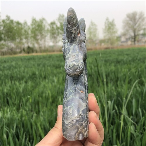 530g Natural Moss Agate Unicorn Carved Reiki Quartz Crystal Skull Figurines Crys