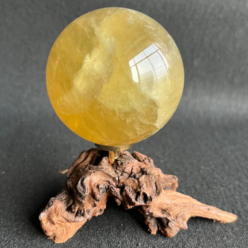299G  Natural yellow fluorite quartz crystal ball sphere healing + Stand