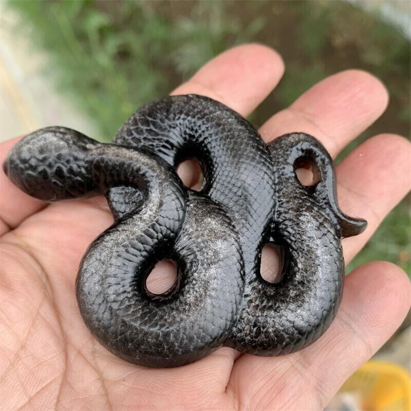 Natural Silver Obsidian Snake Carved Polished Animal Gemstone Mineral