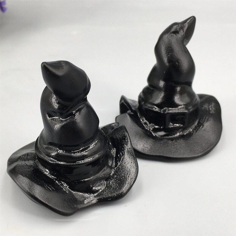 1pc Natural Obsidian Wizard hat Crystal Hand Carved Animal Decoration Reiki Heal