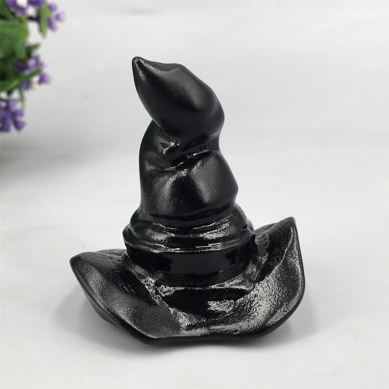 1pc Natural Obsidian Wizard hat Crystal Hand Carved Animal Decoration Reiki Heal
