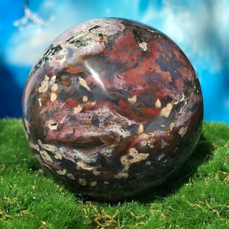 373GNatural Marine Jasper Quartz Ball Crystal Ball Mineral Specimen Restoration