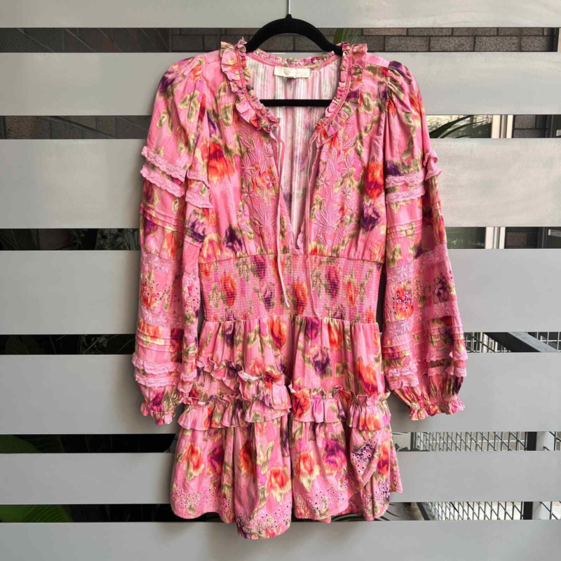 NEW LoveShackFancy &apos;Clarkie&apos; Pink Embroidered Lace Mini Dress Size XS