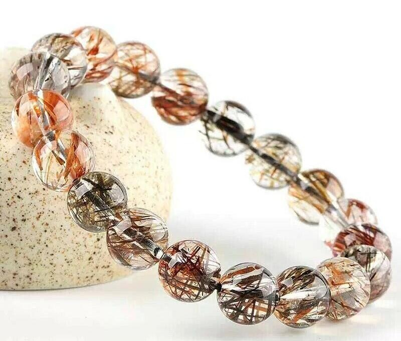 7-14mm Natural Black Gold Super Seven Rutilated Quartz Round Beads Bracelet AAAA