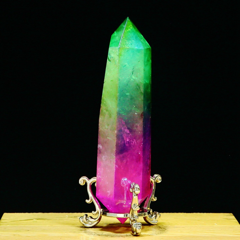 214g Natural Crystal Electroplated Rainbow Quartz Tower Double Wand Point Reiki