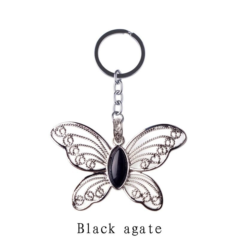 Healing Natural Stone Stainless Steel Butterfly Pendant Keychain for Women Men