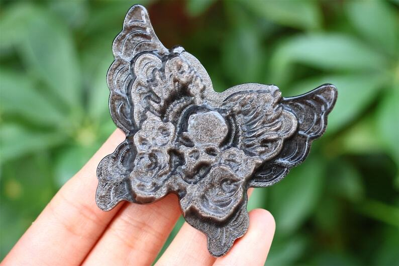 2.6" Natural Carved Silver Obsidian Butterfly Reiki Crystal Skull Decor gift 1PC