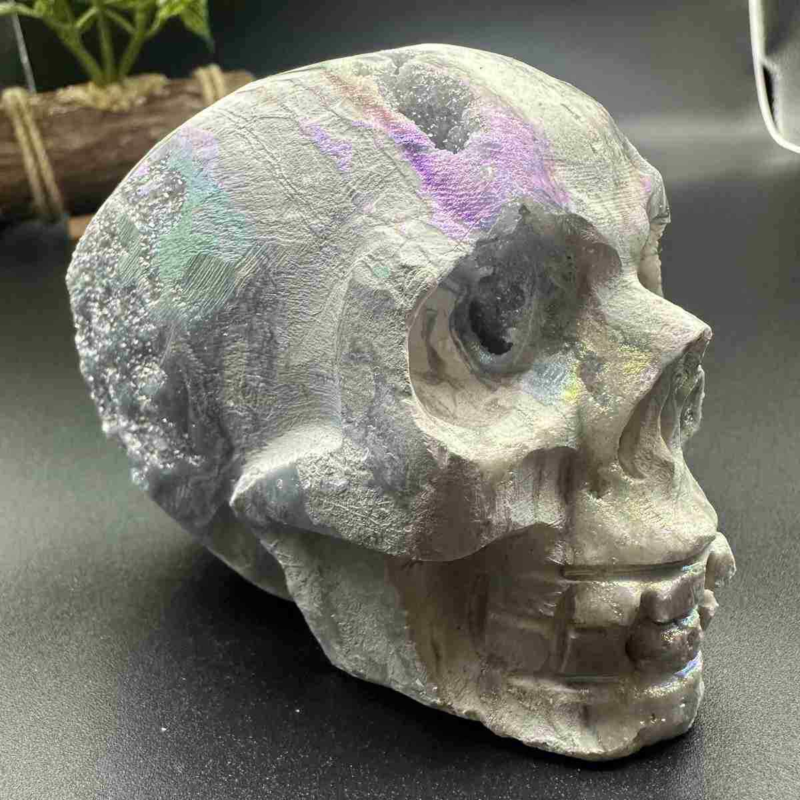 705g electroplate Natural sphalerite hand carved skull decor gem Healing