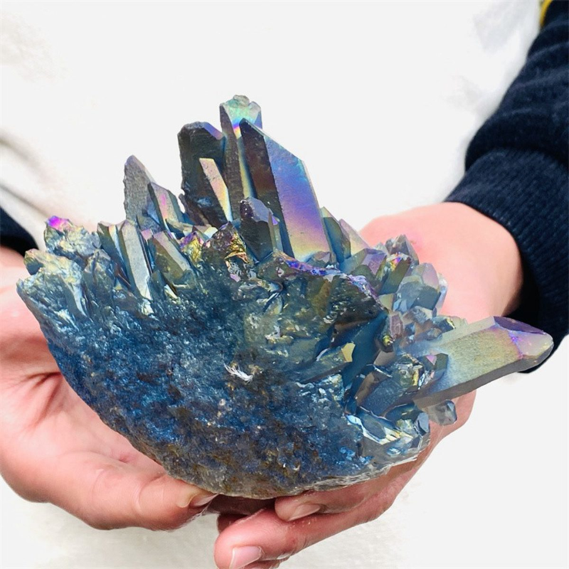 860gColor Flame Aura Electroplate Quartz Crystal Cluster Specimen Healing Stone