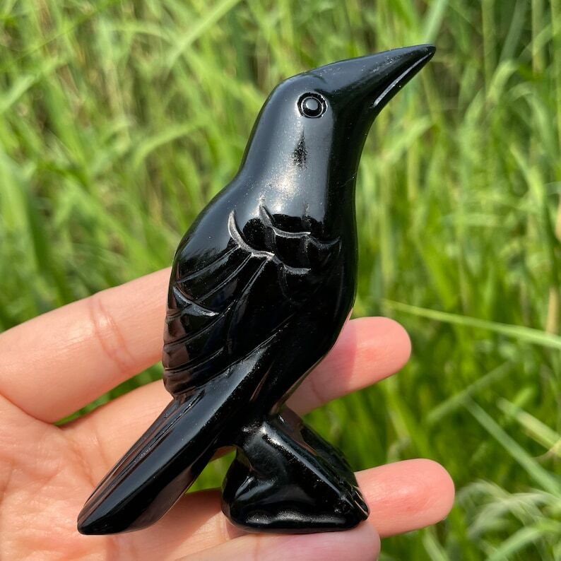 Natural Obsidian Crow Hand Carved Bird Crystal Animal Decoration Reiki Heal Gift