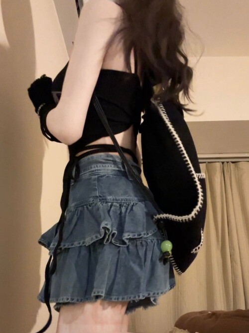 Kawaii Girl Hot sweet DenimSkirt Pleated Casual High Waist  A Word Short Skirt