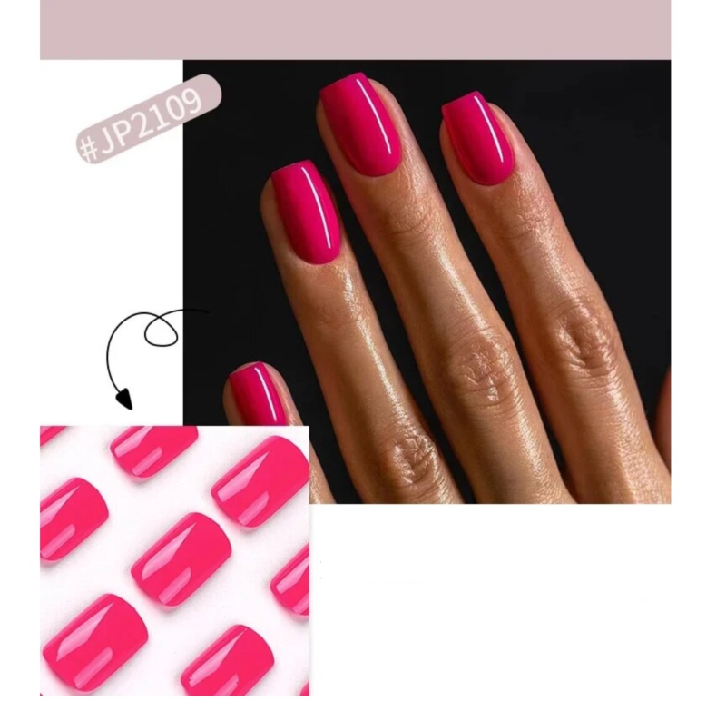 24 Press On False Nails Sticky Tabs Reusable Mid Length Square Tips FULL COLOUR