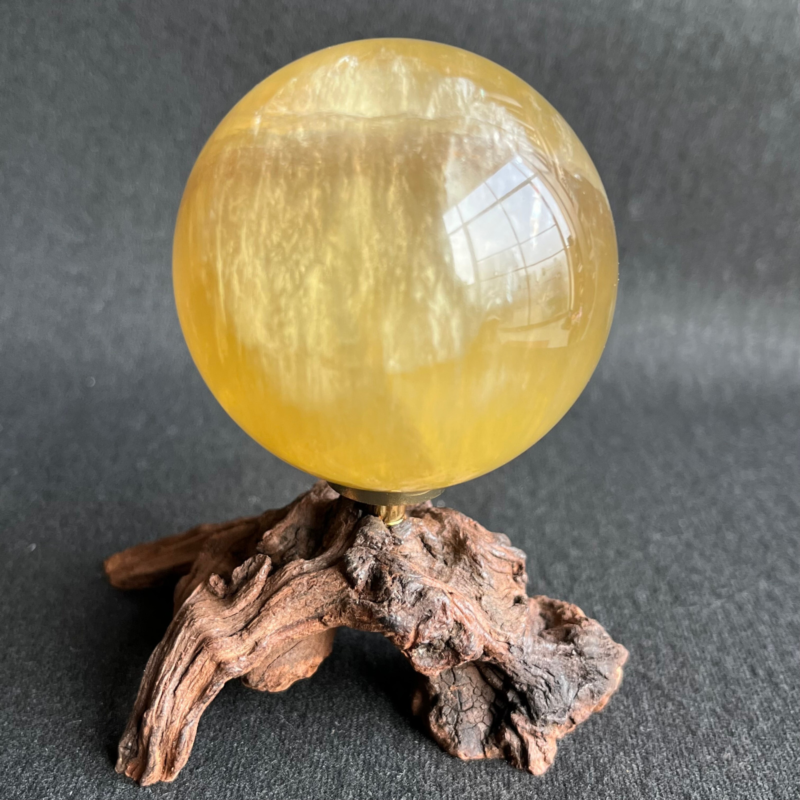 299G  Natural yellow fluorite quartz crystal ball sphere healing + Stand