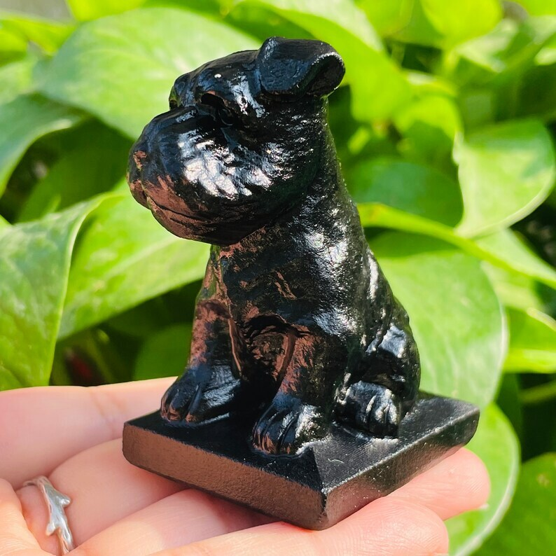1pc Natural Obsidian Schnauzer Hand Carved Crystal Animal Decoration Reiki Heal