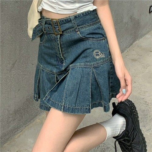 Kawaii Girl Hot sweet DenimSkirt Pleated Casual High Waist  A Word Short Skirt