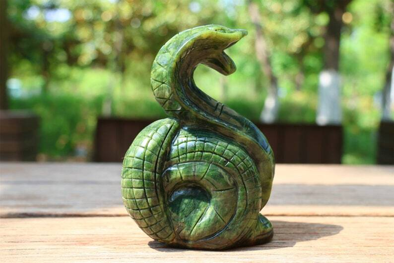 5.4" Natural Jade Carved Snake Crystal Skull Home Decor Reiki Figurine gift 1PC
