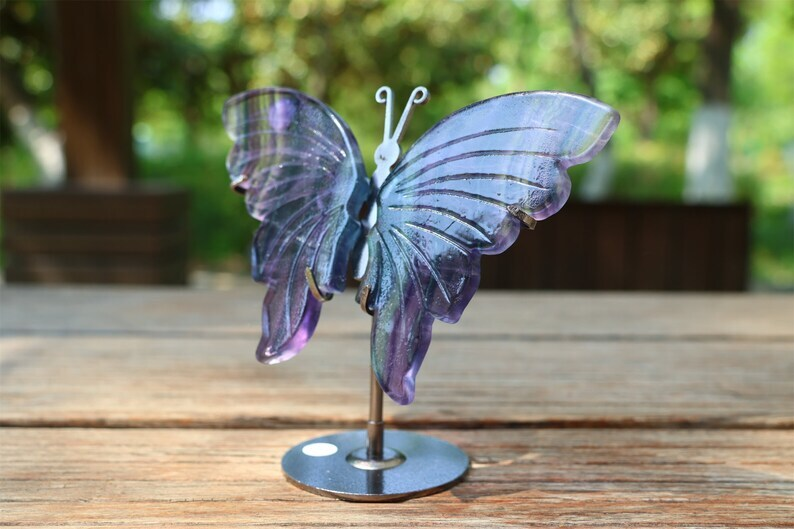 5.2&apos;&apos; A pair Natural Fluorite Butterfly Wing Reiki Crystal Skull Decor + Stand