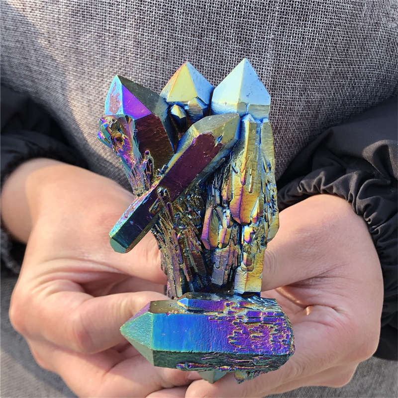 410g Electroplate Rainbow cluster quartz crystal mineral specimen reiki healing