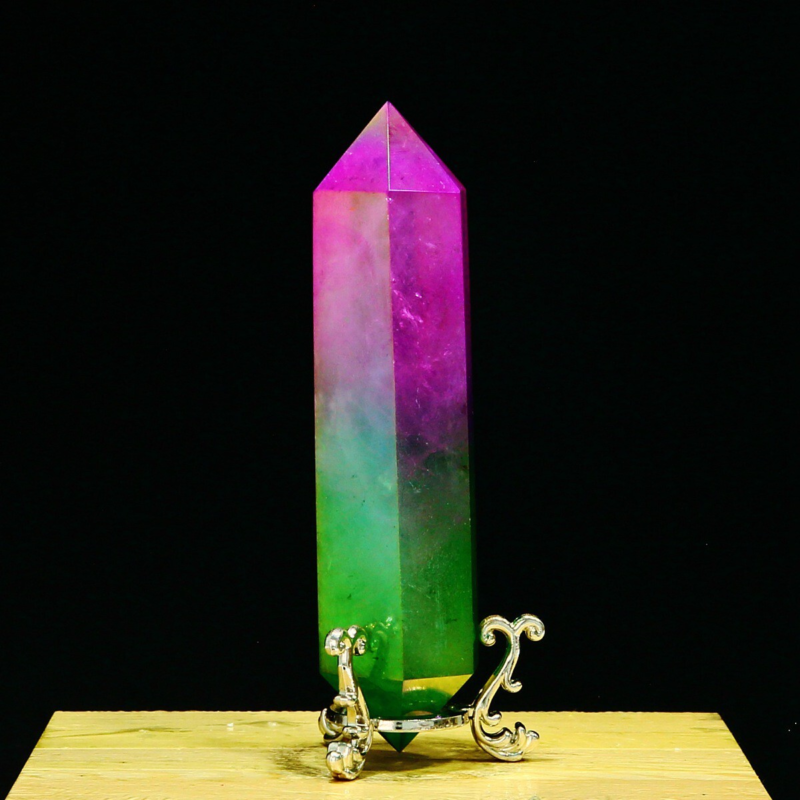 254g Natural Crystal Electroplated Rainbow Quartz Tower Double Wand Point Reiki