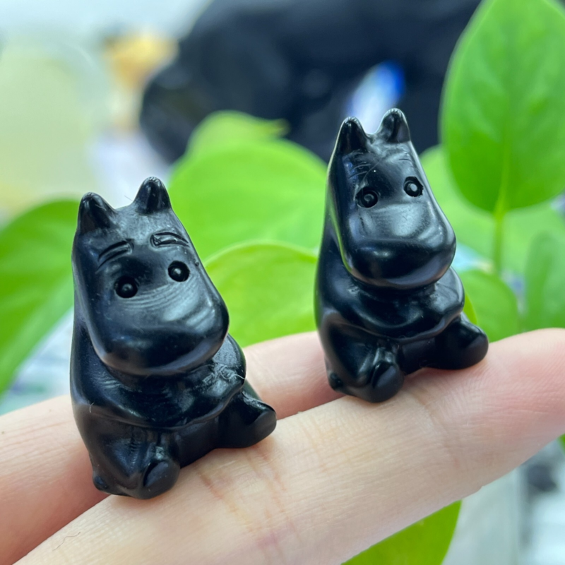 2pc Natural obsidian mini hippo carved quartz crystal animal skull reiki gift