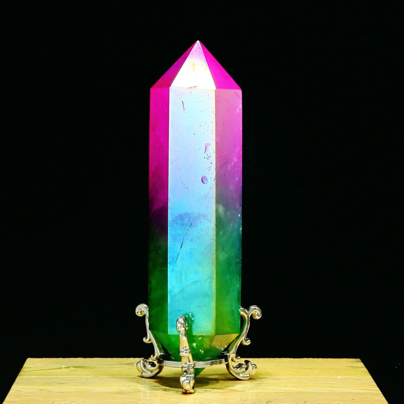 278g Natural Crystal Electroplated Rainbow Quartz Tower Double Wand Point Reiki