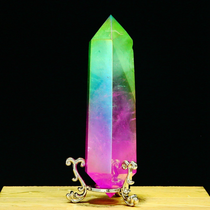 214g Natural Crystal Electroplated Rainbow Quartz Tower Double Wand Point Reiki