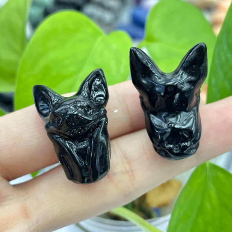 2pc Natural obsidian mini bat carved quartz crystal animal skull reiki gift