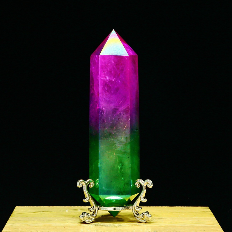 254g Natural Crystal Electroplated Rainbow Quartz Tower Double Wand Point Reiki