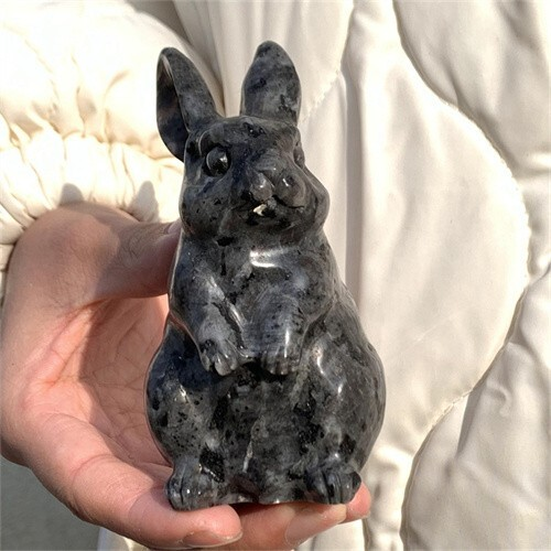 290g Natural Carved Spectrolite Rabbit Figurines Reiki Quartz Crystal Skull Deco