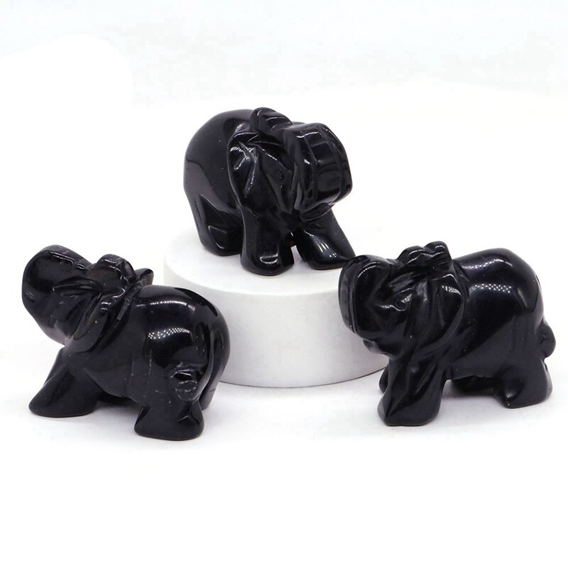 5x Natural Obsidian Quartz Crystal Carved Baby Elephant Polished Animal Ornament