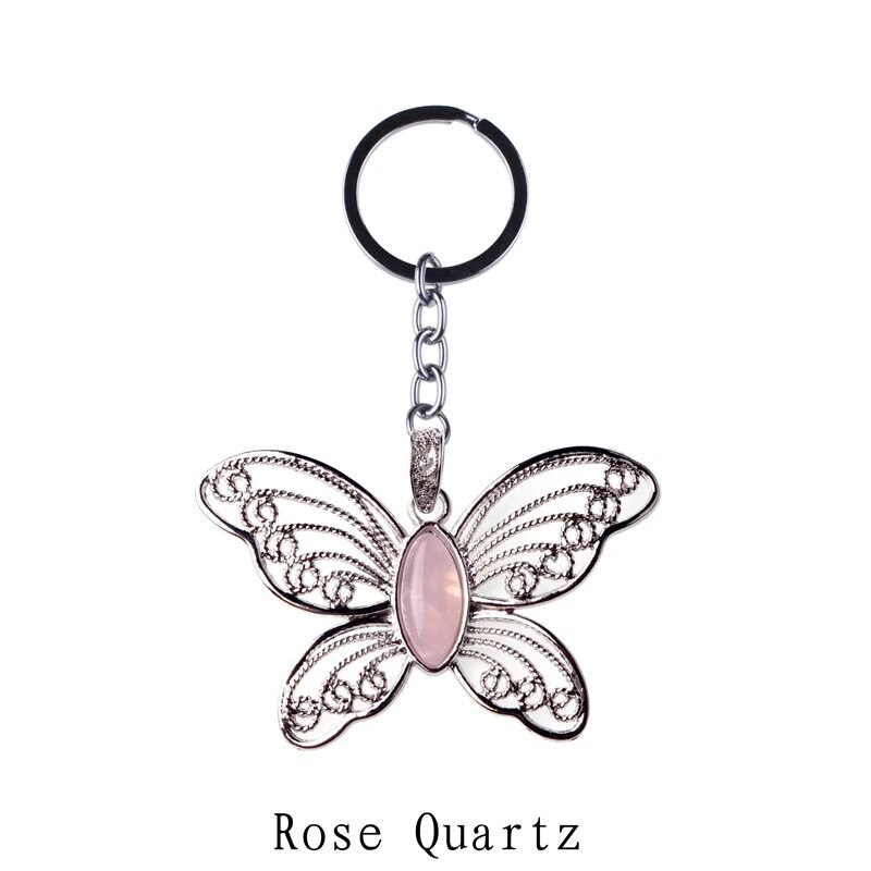 Healing Natural Stone Stainless Steel Butterfly Pendant Keychain for Women Men