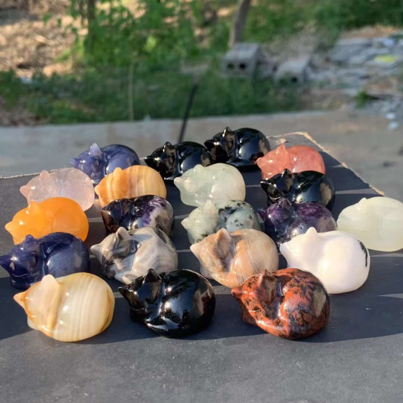 3pc Natural Mix Quartz Carved Sleep Cat Skull Crystal Reiki Healing Gift Random