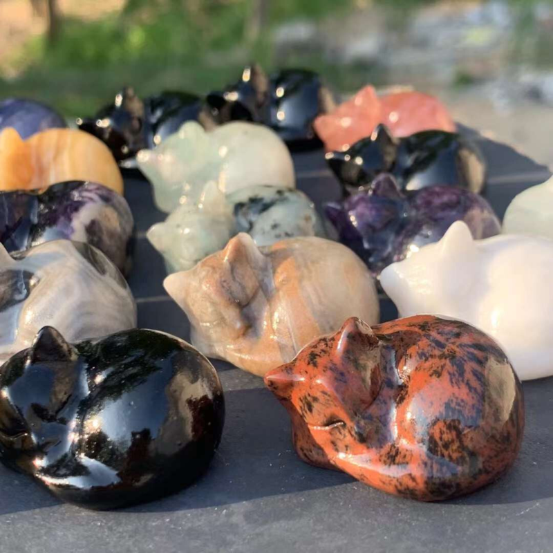 3pc Natural Mix Quartz Carved Sleep Cat Skull Crystal Reiki Healing Gift Random