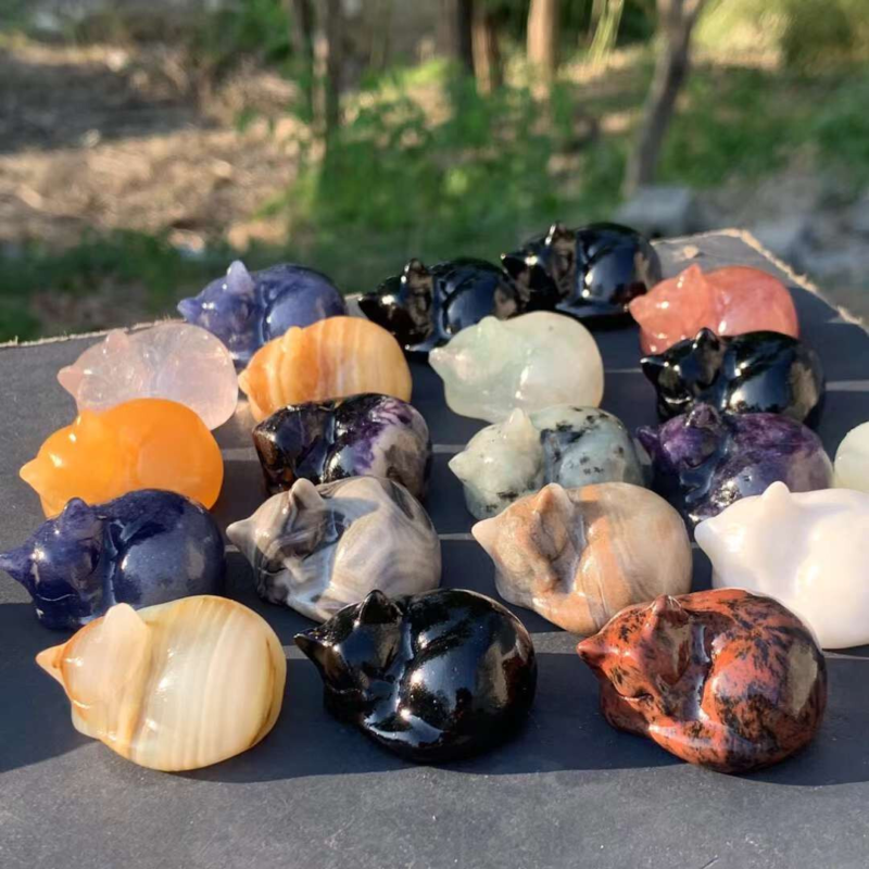 3pc Natural Mix Quartz Carved Sleep Cat Skull Crystal Reiki Healing Gift Random