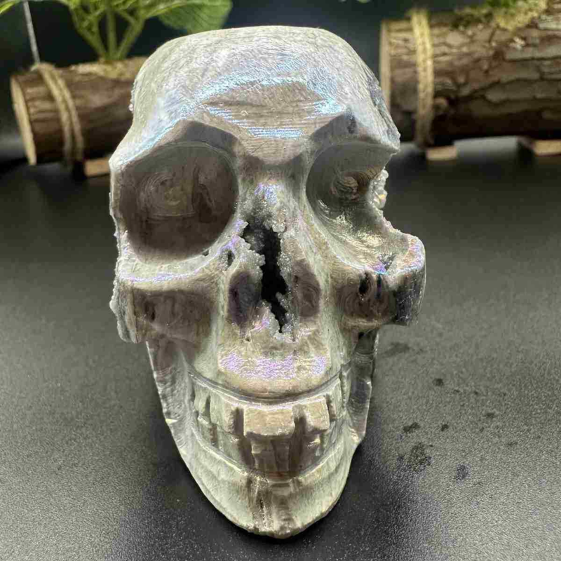 535g electroplate Natural sphalerite hand carved skull decor gem Healing