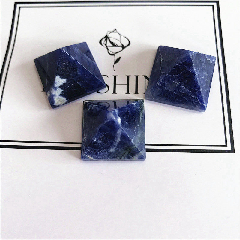 Natural Blue Vein Jade Crystal Pyramid Chakra Sodalite Quartz Energy Tower Decor