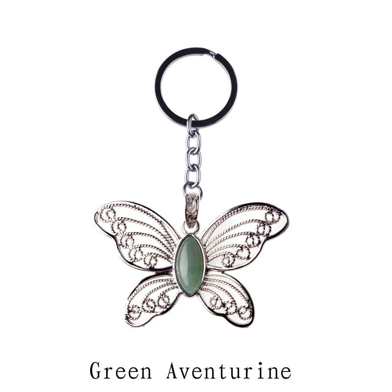 Healing Natural Stone Stainless Steel Butterfly Pendant Keychain for Women Men