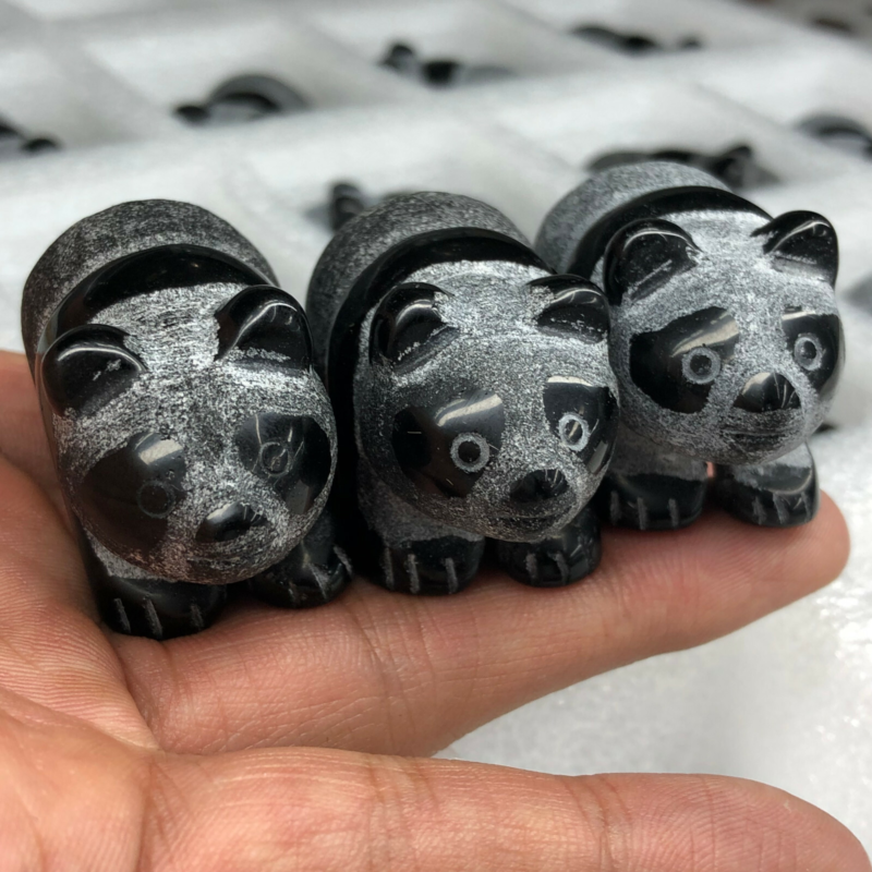 1.5&apos;&apos;Top Natural obsidian hand carved panda skull quartz crystal healing 1pc
