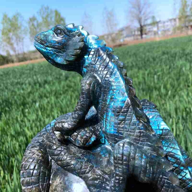 9.12LB Natural Labradorite Lizard hand Carved Skull Quartz Crystal Reiki Gift