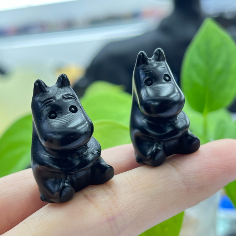 2pc Natural obsidian mini hippo carved quartz crystal animal skull reiki gift